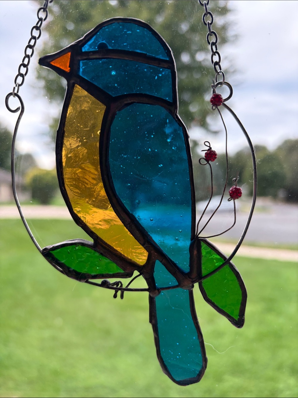 Handcrafted Blue and Yellow Bird Stained Glass Suncatcher